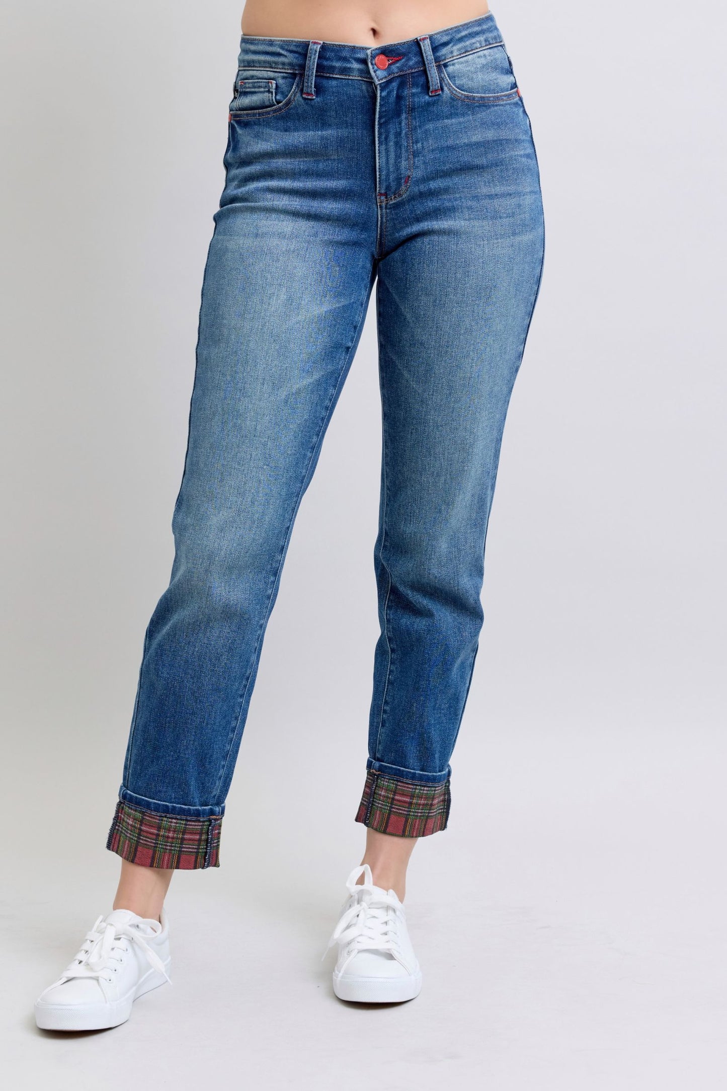 Judy Blue Plaid Print Cuff Straight Leg Jeans (0-24w)