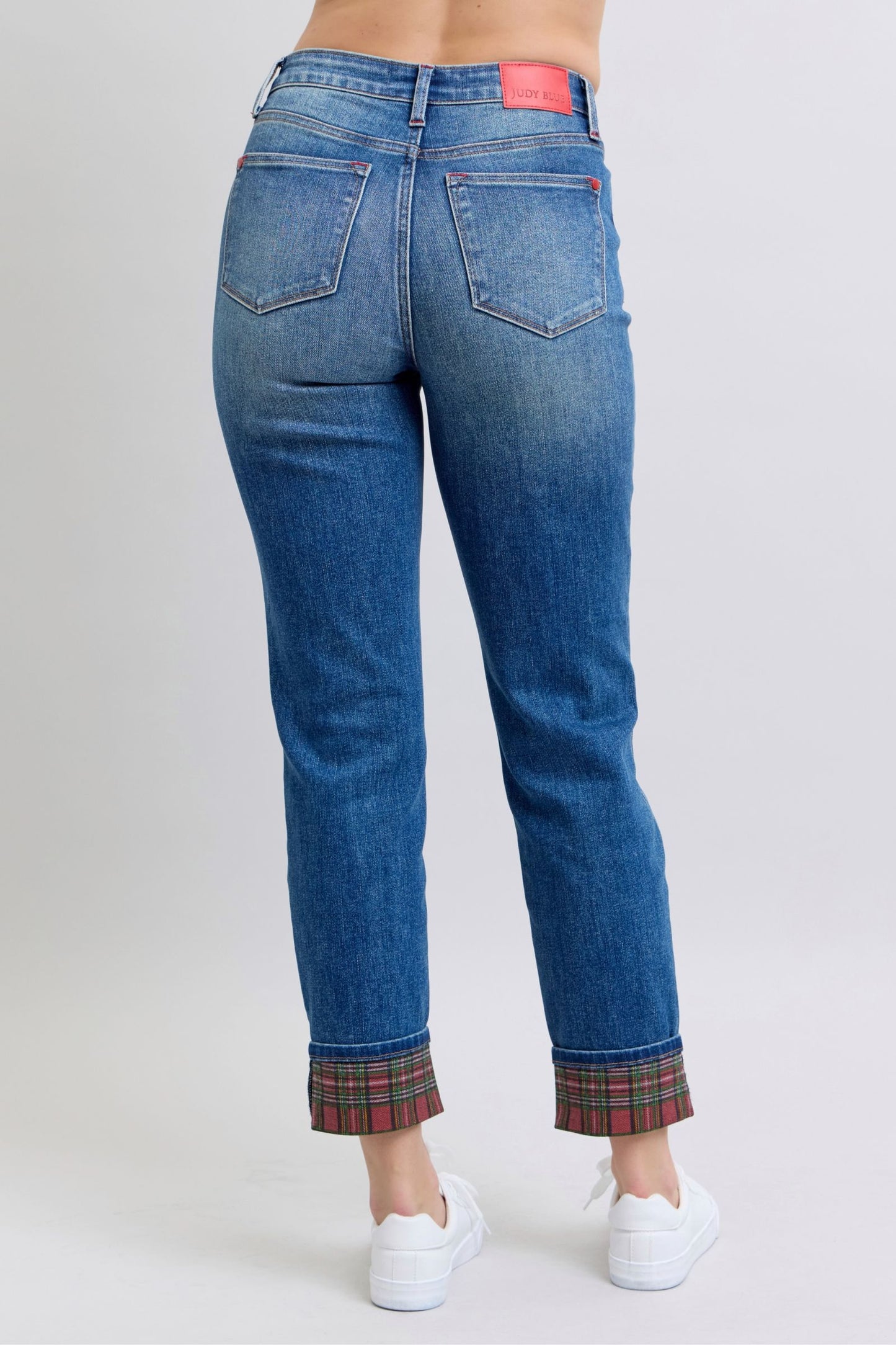 Judy Blue Plaid Print Cuff Straight Leg Jeans (0-24w)