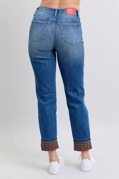 Judy Blue Plaid Print Cuff Straight Leg Jeans (0-24w)