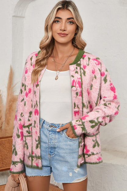 Pink Abstract Print Colorblock Knitted Cardigan