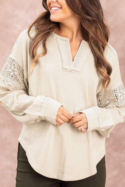 Notched Crochet Long Sleeve Sweatshirt (s-xl)