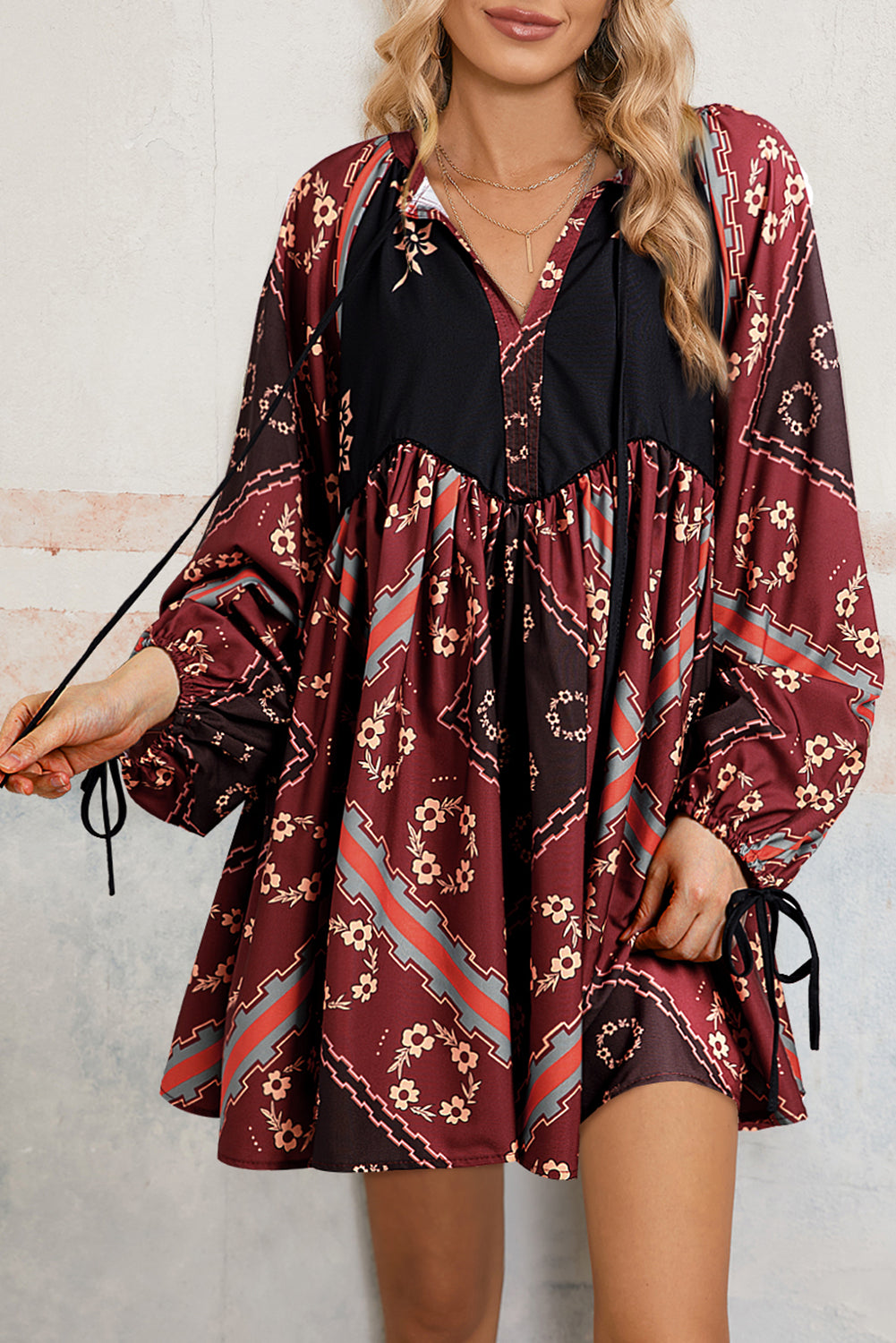 Boho Floral Geometric Tie Dress (s-l)