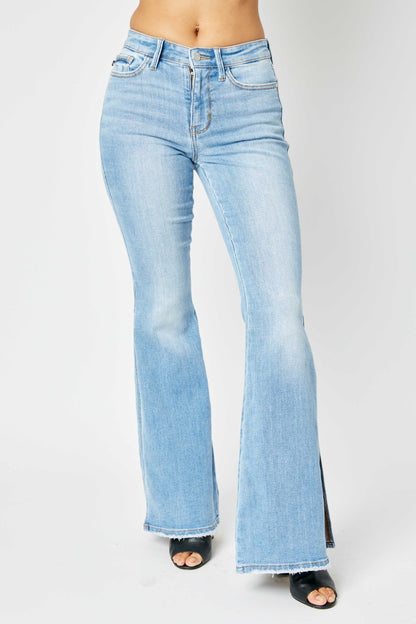 Judy Blue Mid Rise Raw Hem Slit Flare Jeans (0-24w)