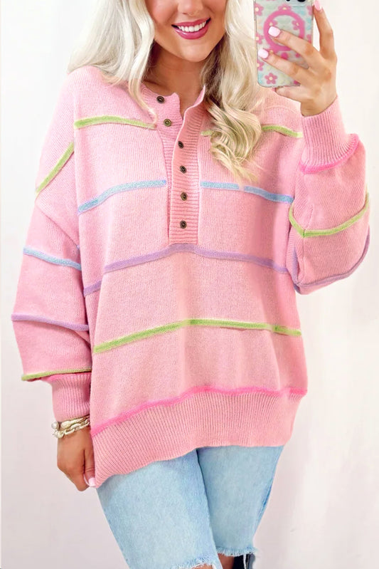 Pink Rainbow Baggy Henley Sweater (s-xl)