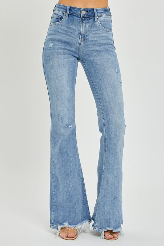 Risen High Rise Frayed Hem Flare Jeans (0-3xl)