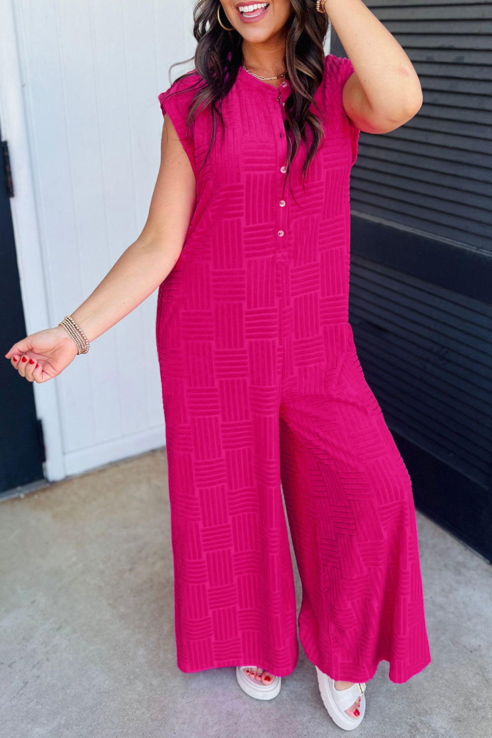 Terry Textured Wide Leg Jumpsuit (s-xl)