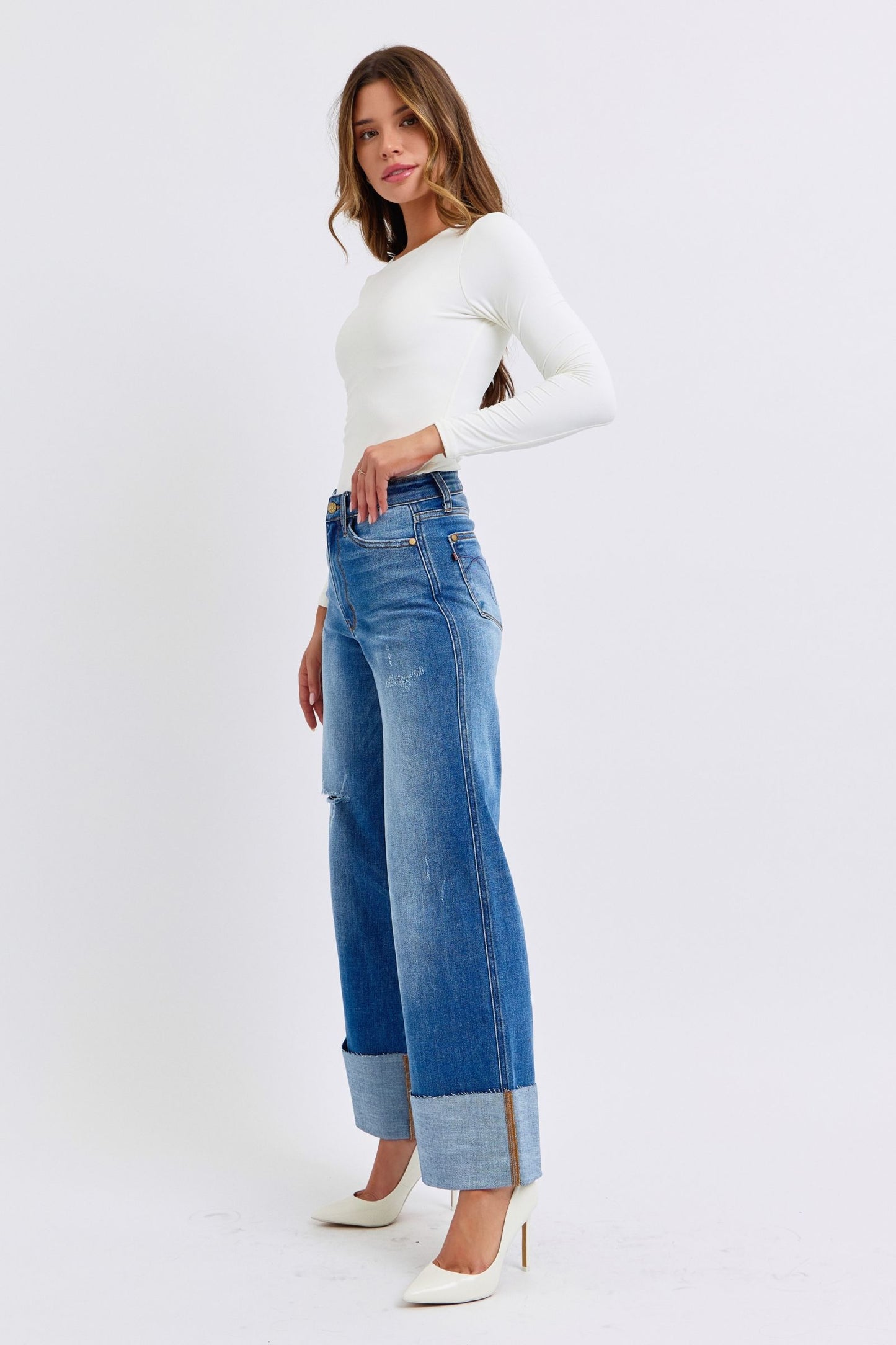 Judy Blue Distressed High Waist Wide Leg Jeans (0-24w)