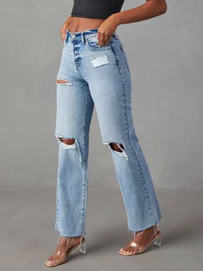 Distressed Straight Leg Jeans with Pockets (s-2xl)