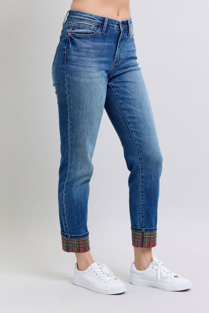 Judy Blue Plaid Print Cuff Straight Leg Jeans (0-24w)