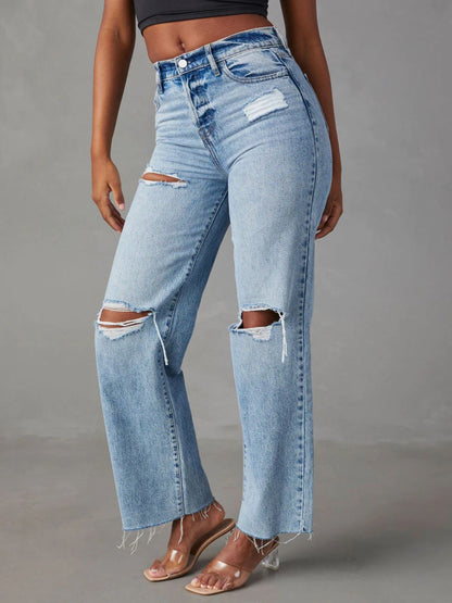 Distressed Straight Leg Jeans with Pockets (s-2xl)