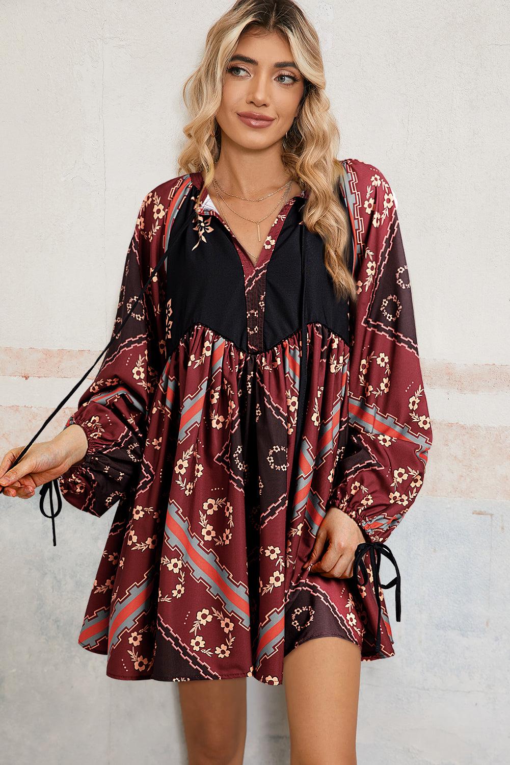 Boho Floral Geometric Tie Dress (s-l)