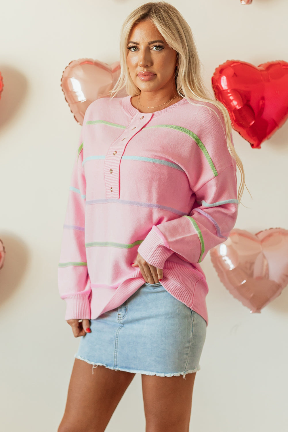 Pink Rainbow Baggy Henley Sweater (s-xl)