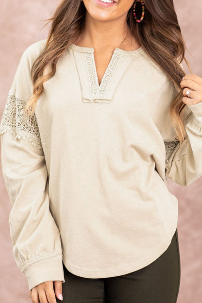 Notched Crochet Long Sleeve Sweatshirt (s-xl)