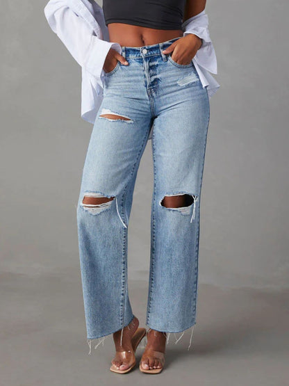 Distressed Straight Leg Jeans with Pockets (s-2xl)