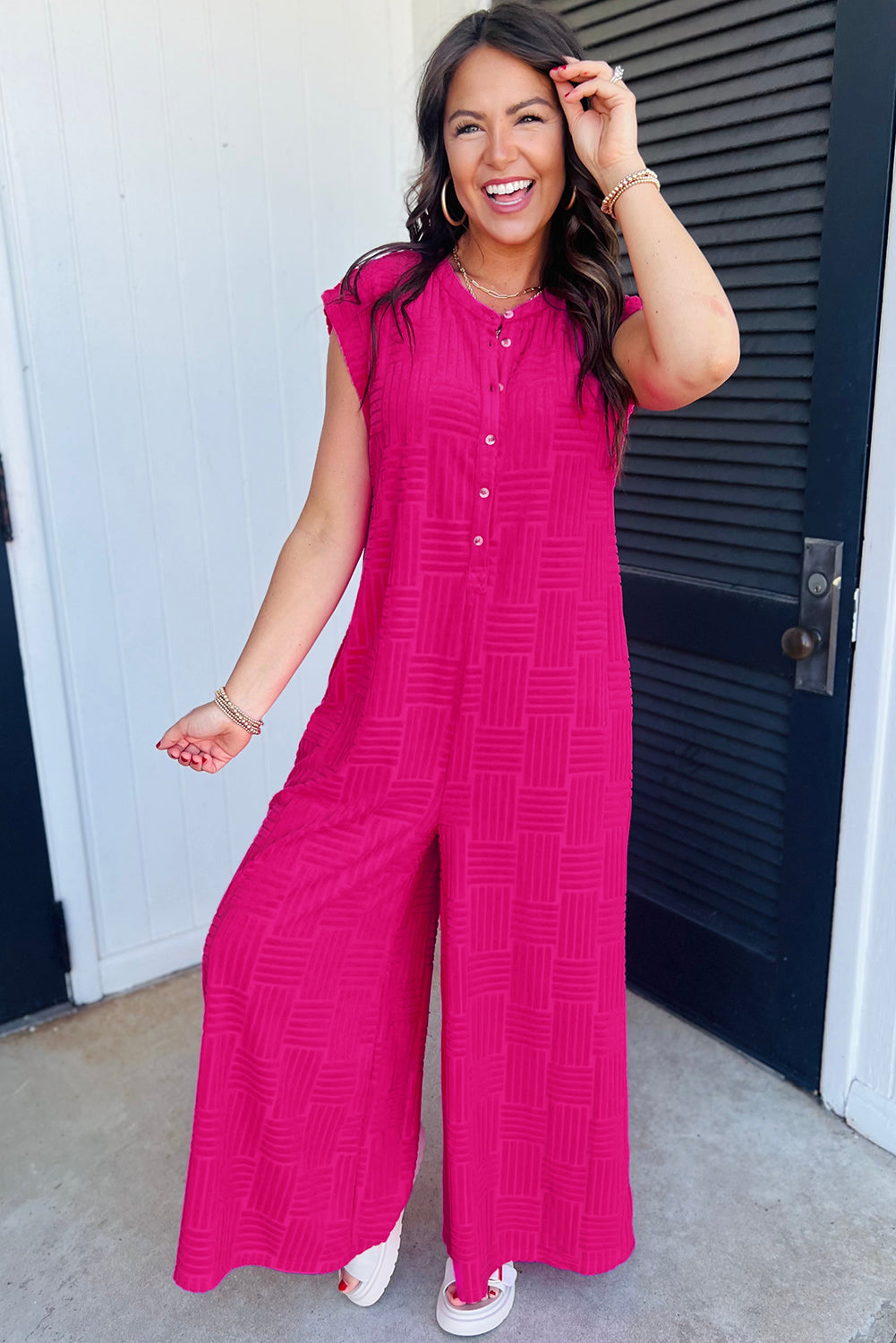 Terry Textured Wide Leg Jumpsuit (s-xl)