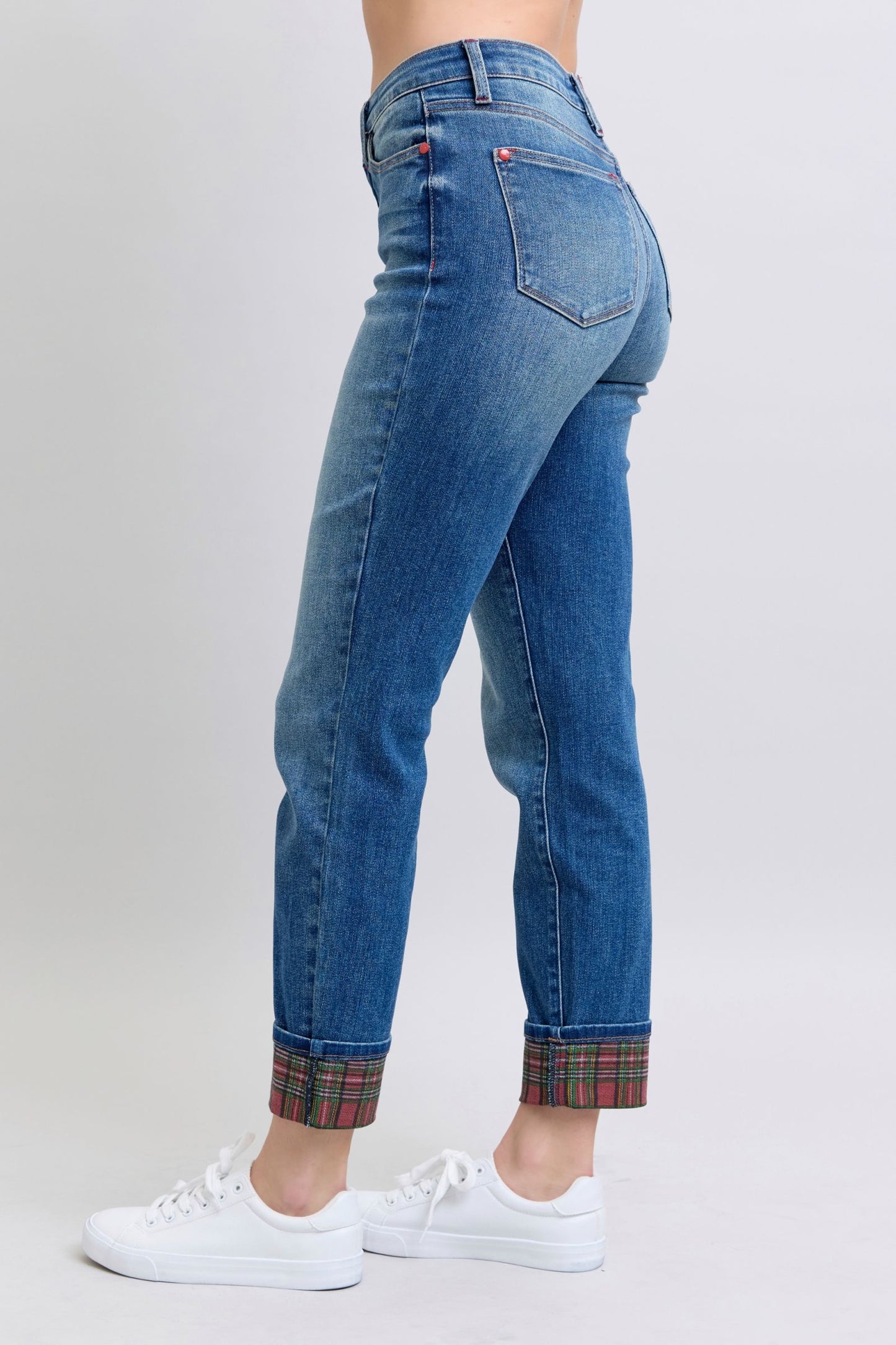 Judy Blue Plaid Print Cuff Straight Leg Jeans (0-24w)