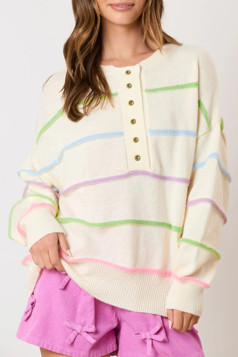 Pink Rainbow Baggy Henley Sweater (s-xl)