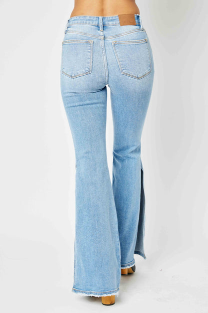 Judy Blue Mid Rise Raw Hem Slit Flare Jeans (0-24w)