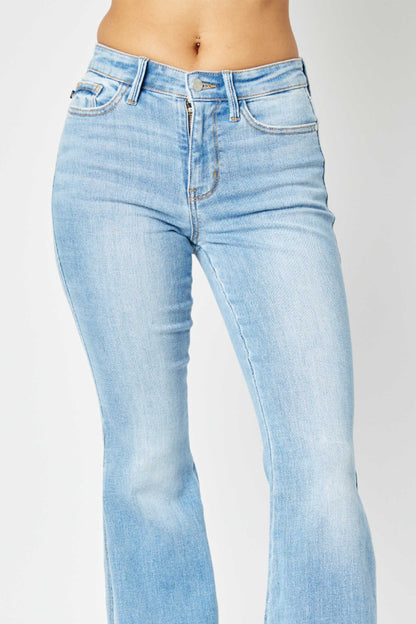 Judy Blue Mid Rise Raw Hem Slit Flare Jeans (0-24w)